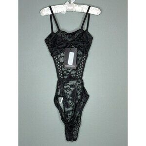 PRETTYLITTLETHING Black Lace Fishnet Panel Open Back Thong Bodysuit Women's 2 NW